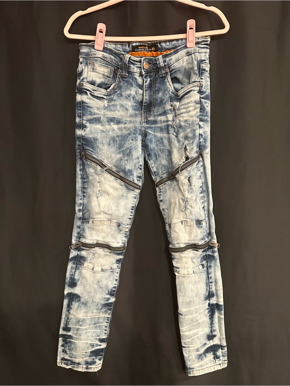Men's Skinny Bleached Light Blue Zipper-Detail Jeans